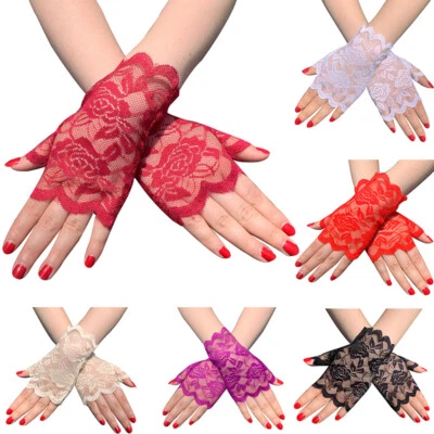 7 Color Women Short Lace Floral Fingerless Gloves Gothic Bride Wedding Mittens - - Image 1 of 4