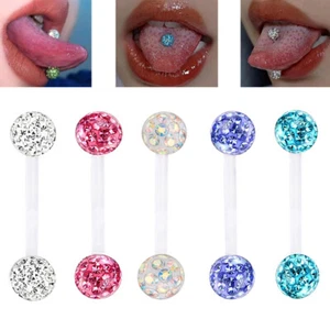 2PC Epoxy Crystal Tongue Nipple Barbell 16/19/22/38mm Soft Flexible Bar Piercing - Picture 1 of 14