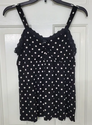 Women Faded Glory Black White Polka Dot Spaghetti Strap Babydoll Tank Top M 8 10 - Image 1 of 4