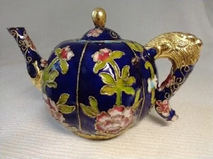 Vtg Blue Mini Teapot Cloisonne Enamel Handcrafted Colorful Fish Handle & Spout - Picture 1 of 11