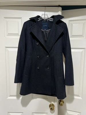 Abrigo para mujer Nautica pequeño desmontable capucha gris mezcla de lana guisante invierno otoño cálido Foto 1 de 4