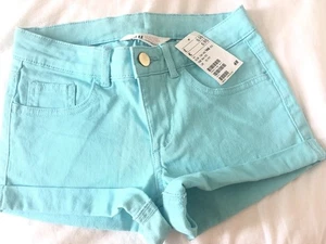 H&M 10-11 Girls Turquoise Cuffed Stretch Shorts 5 pockets 98%Cotton 2%Elastane - Picture 1 of 13