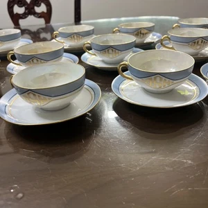 Antike Monogrammierte Donatello Tasse & Untertasse Signiert Blau Gold Germany Set 12 - Bild 1 von 19