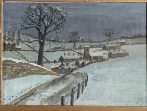 Antique early 20th C Original gouache painting winter village scene unsigned - Picture 1 of 17