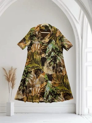 Karen Kane Women’s Midi Dress 3X Tropical Abstract Print Mesh Draped Neck - Image 1 of 4