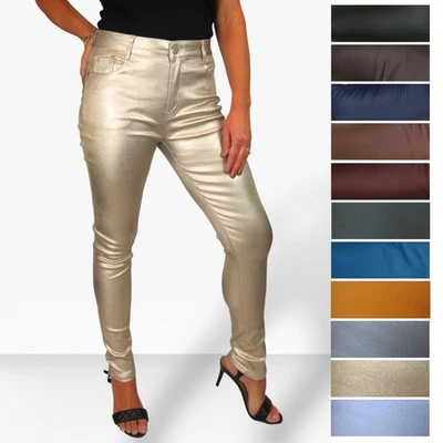 Womens High Waist Leather Look Jeans Stretch Material Wet Look 8-22 - Image 1 of 4