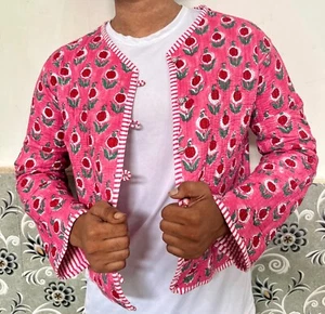 Indian Pink Small Floral Cotton Quilted Unisex Jacket Women's Clothing Jacket US - Picture 1 of 6