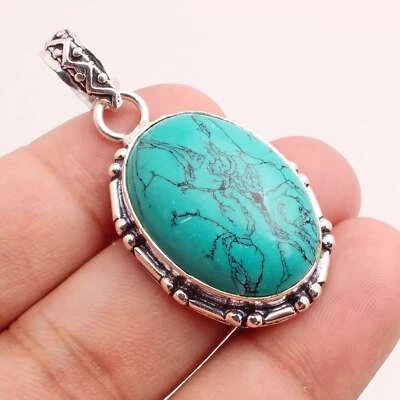 Turchese Gemma Placcato Argento Handmade Ciondolo Gioielli Regalo 3.6cm P-13441 - Immagine 1 di 3