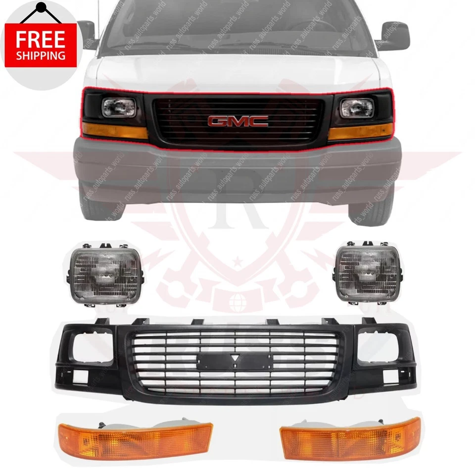 New Front Grille + Headlights + Side Marker Light Fits 2003-2023 GMC Savana 2500 Foto 1 de 4