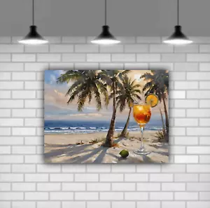Cocktail am Strand gedruckt Leinwand Wandbild massiv Kiefer Rahmen fertig zum Aufhängen - Bild 1 von 10