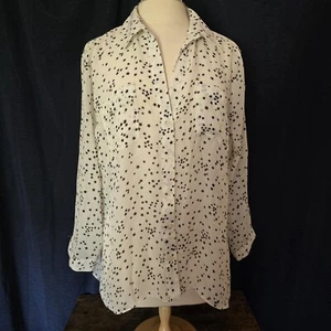 Sami + Jo Collared Sheer Blouse White/Blk Stars Roll Tab Sleeves PocketsSize 2X  - Picture 1 of 13