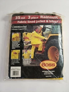 Boss Fabric Lined 3 Piece Rainsuit 35 mil Bib Jacket Hood size XL Yellow NEW - Picture 1 of 6