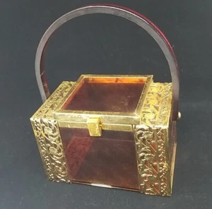 Tyrolean 1950s Lucite Square Box Purse Tortoise Striped Brass Filagree Vintage - Picture 1 of 16