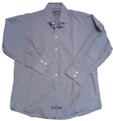 英国 Landry 衬衫男式大号 16.5 蓝色格子长袖纽扣翻盖袖口 — 第 1/4 张图片