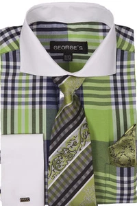George"s Checks Shirt Tie with Hanky French Cuff Tow Tone Color Cotton Brand 626 - Picture 1 of 13
