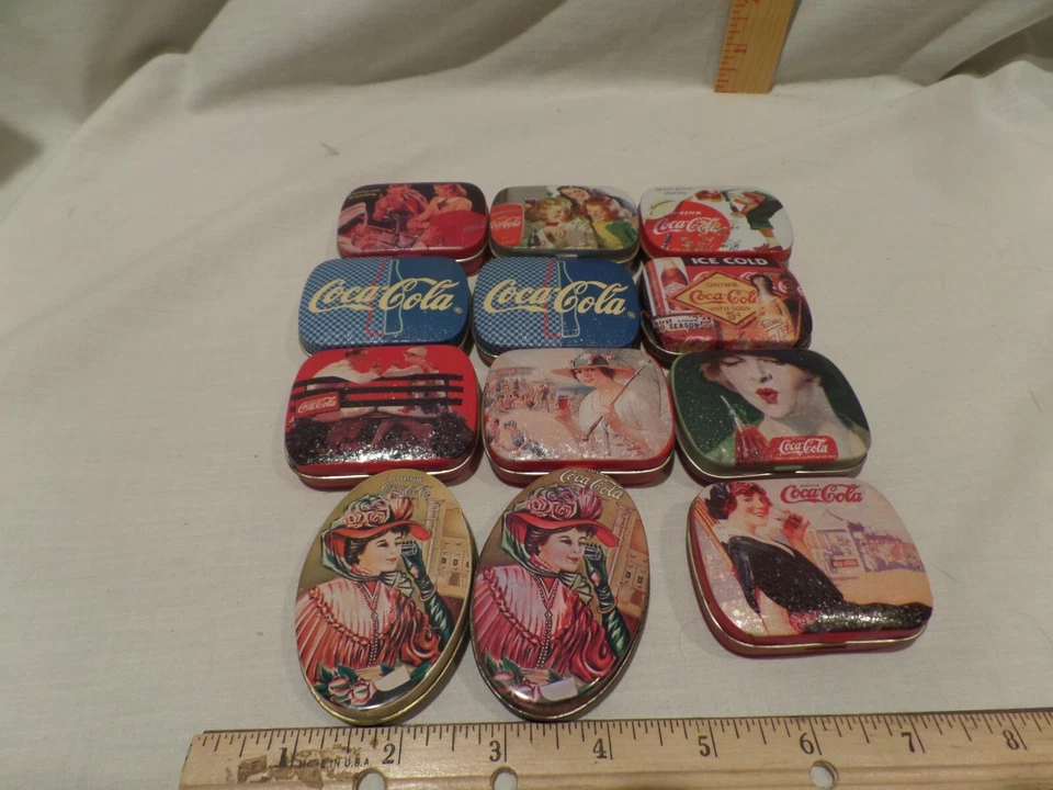 "COCA-COLA" LOT OF 12 SM.TIN TRINKET/PILL BOXES 10 RECTANGLE HINGED & 2 OVAL VTG - Image 1 of 4