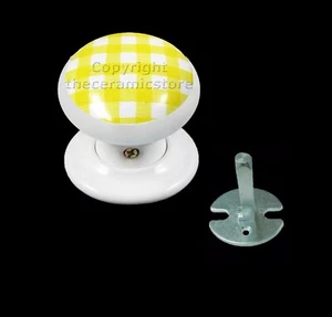 White Porcelain Single Door Knob (Push & Pull) Yellow Gingham Design 60mm - Picture 1 of 1