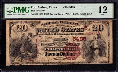 1882 BB $20 FIRST NATIONAL BANK NOTE CURRENCY PORT ARTHUR TEXAS PMG FINE 12 - Image 1 of 4