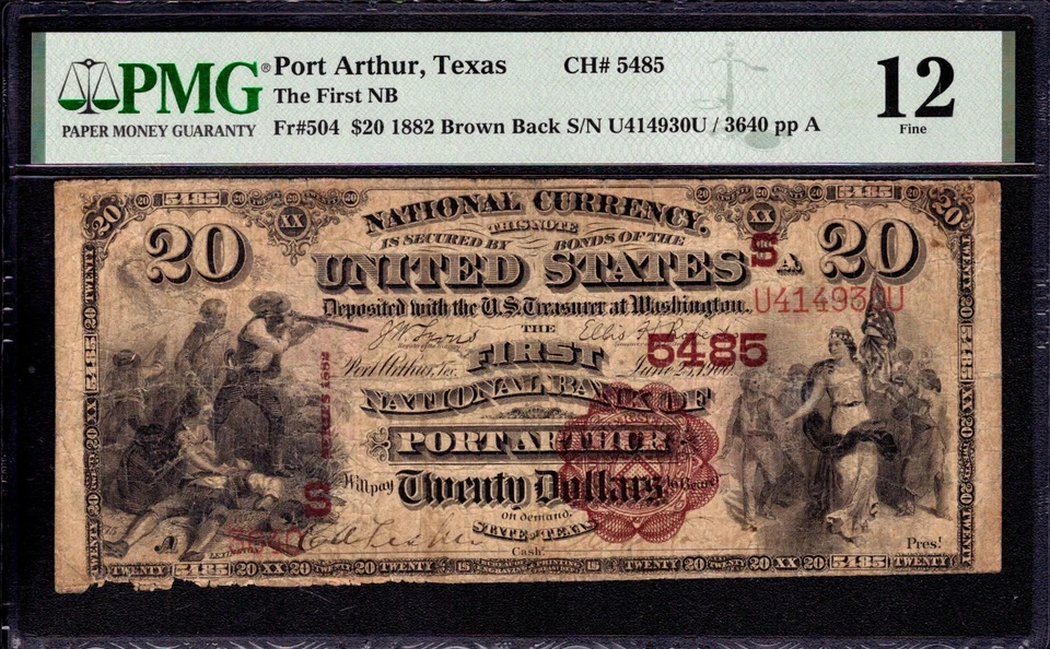 1882 BB $20 FIRST NATIONAL BANK NOTE CURRENCY PORT ARTHUR TEXAS PMG FINE 12 - Image 1 of 4