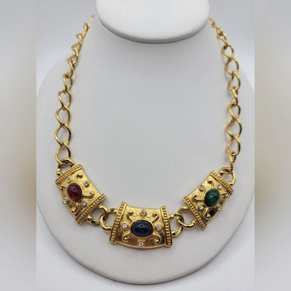 AVON CHAIN NECKLACE MULTI-COLOR CABOCHON GLASS GOLD TONE AUTHENTIC VINTAGE - Image 1 of 4