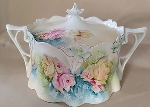 Antique RS Prussia Biscuit Cracker Jar Porcelain Iris Mold HP PINK &YELLOW Roses - Picture 1 of 11