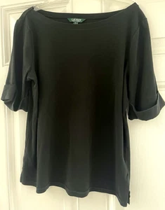 Lauren Ralph Lauren Black T-Shirt Top Women’s Size XXL 3/4 Sleeve Boatneck - Picture 1 of 6