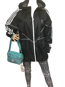 Adidas black windbreaker hood jacket 3 stripes sz. L/14-16 - Picture 1 of 9