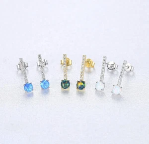 Round Fire Opal CZ Stud Earrings 18ct Gold Plated 925 Sterling Silver Blue White - Picture 1 of 8