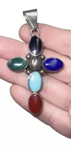 Vtg 925 Sterling Multi-Stone Cross Pendant Mexico Turquoise, Etc. Southwestern - Picture 1 of 19