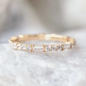 Alternative Round & Baguette Cut Moissanite Wedding Band Dainty Stacking Ring - Picture 1 of 6