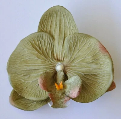 4" Ollive Green Orchid Silk Flower Hair Clip Luau Wedding Cruise Tropical - Image 1 of 2