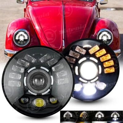 Pair 7" Inch Round Led Headlights Hi-Lo Beam Halo DRL For 1950-1979 VW Beetle Foto 1 de 4