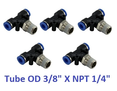 Branch Tee Air Swivel Connector Tube OD 3/8" X NPT 1/4" Push In Fitting 5 Pieces - Image 1 of 1