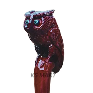 KS MART Handmade Carved Wooden Owl Handle Walking Stick Cane for Men & Women - Picture 1 of 5