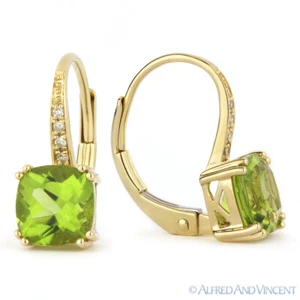 2.08ct Cushion Cut Peridot & Diamond Leverback Dangling Earrings 14k Yellow Gold - Picture 1 of 1