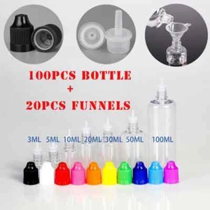 3ML-100ML Dropper Bottles Clear PET Plastic Empty Liquid Long Tip Caps+Funnels - Picture 1 of 15