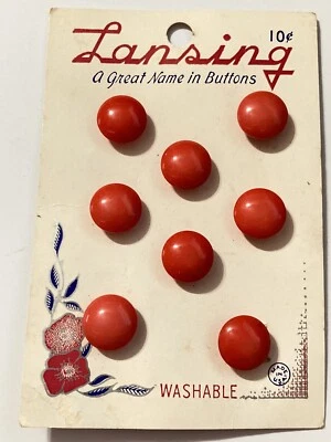 VTG Lansing Plastic Buttons Red Smooth Domed Self Shank 7/16 " 8 NEW on Card - Image 1 of 3