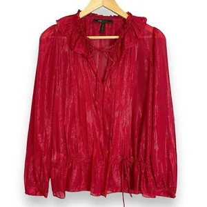 BCBG Blouse Silk Nylon Sheer Red Sparkly Ruffle Collar Pleated Front Size Small - Picture 1 of 13