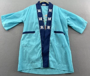 Vintage Peacock Kimono Womens Short Robe Blue Embroidered Dragon- NO Belt - Picture 1 of 10