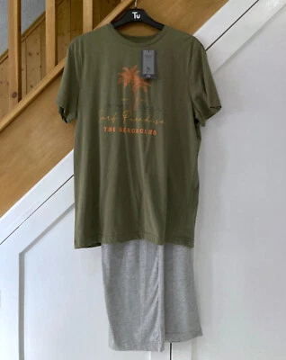 TU Mens Size Small Pyjamas Khaki Green Short Sleeve Top & Grey Trousers Cotton - Image 1 of 4