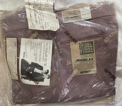 Vintage 70s NWTS Factory Package Pair Sears FlexSlax Poly Pants 33x32 Purple USA - Image 1 of 4
