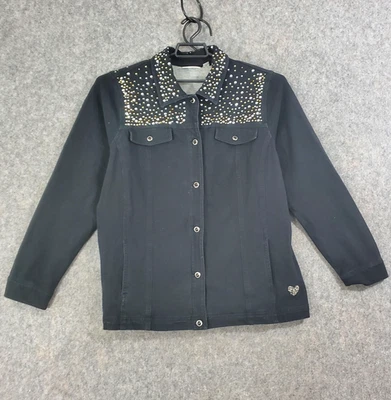 Quacker Factory Denim Jacket Womens Large Black Studded Western Rhinestone - Image 1 of 4