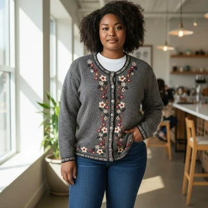 Vintage Tulchan Large Gray Flower Embroidered Wool Blend Cardigan Sweater Sz L - Picture 1 of 12