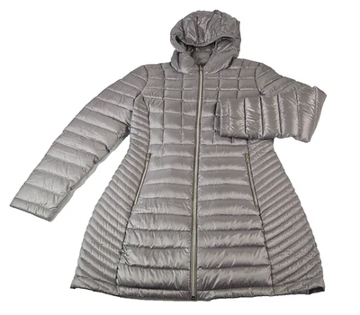 Calvin Klein Down Puffer Coat Women M Purple Lightweight Premium Mid Length Hood - Image 1 of 4