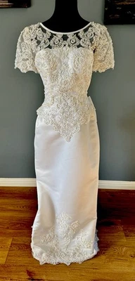 Michelangelo Beaded  Pearl Lace Column Wedding Dress Sz 8 - Image 1 of 4