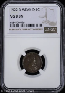 1922-D 1C Lincoln Wheat Cent NGC VG 8 BN | Weak D - Picture 1 of 4