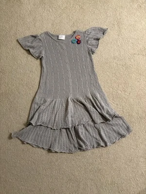 Hanna Andersson Dress Girls 150 US 12 Gray Knit Flowers Sweater Flutter Sleeve - Image 1 of 4