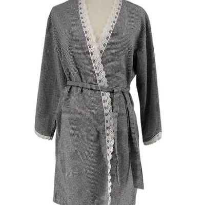 Eileen West Kimono Robe XS Seersucker Gingham Black Check Lace Trim 3/4 Sleeve - Image 1 of 4