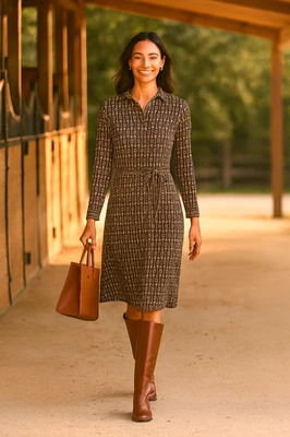 Talbots Equestrian Print Shirt Dress Brown Jersey Knit Belted Long Sleeve MP - Image 1 of 4