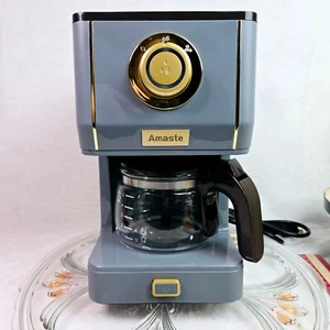 Amaste Retro Style Coffee Maker 25 oz 5 cup Sky Blue W/Gold Trim Tested & Works. - Picture 1 of 13